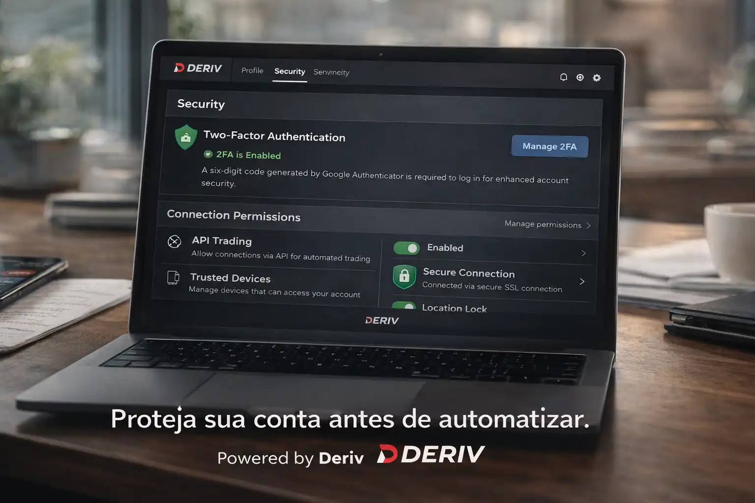 Tela de segurança com 2FA e permissões de conexão em ambiente de corretora, com foco em proteção da conta