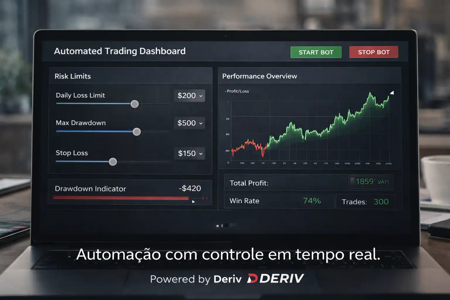 Dashboard de plataforma de trading automatizado com botões iniciar/parar, limites de risco e gráfico de desempenho