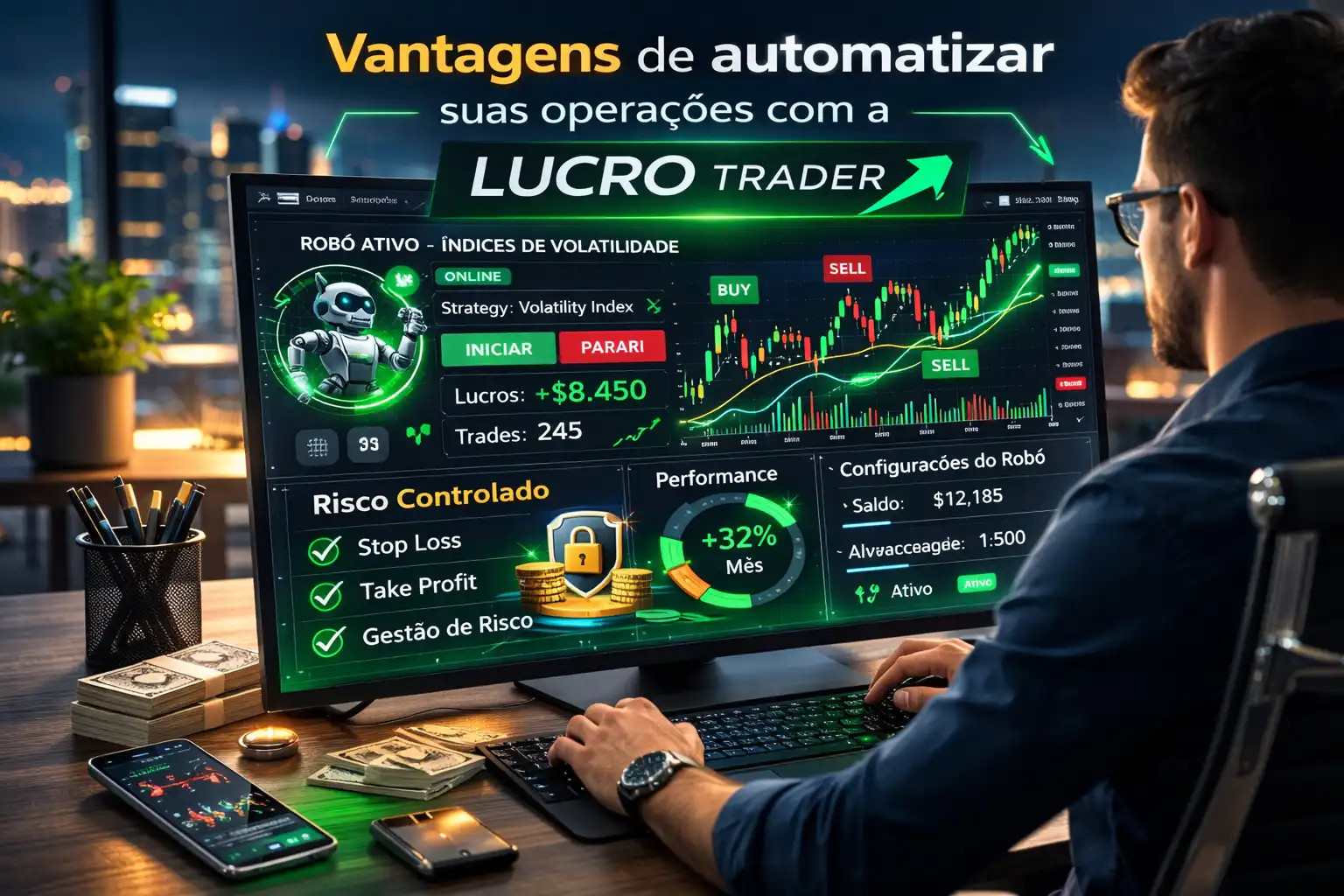 Tela de robô de trading configurado para índices de volatilidade e gráficos com análises
