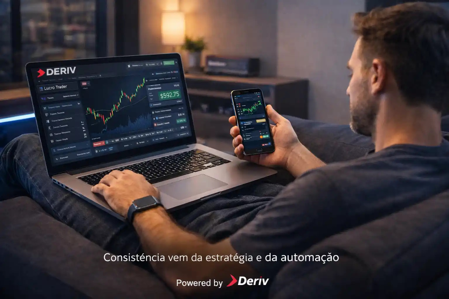 Trader operando com automação na Deriv