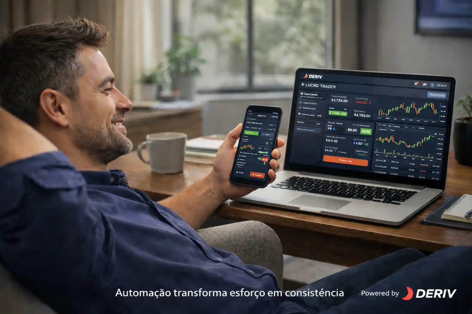 Trader operando com automação e liberdade financeira