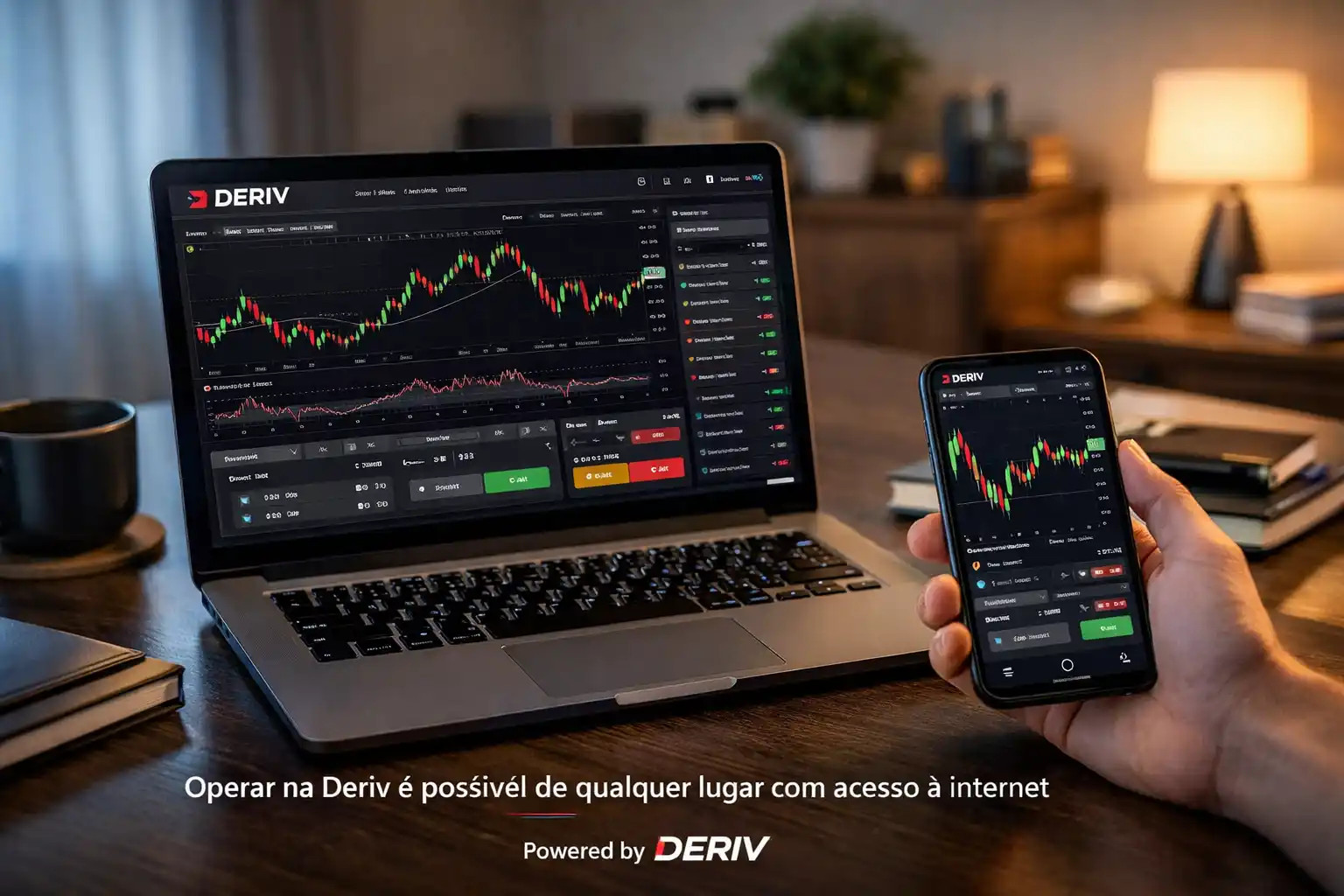 Plataforma Deriv sendo utilizada no celular e computador