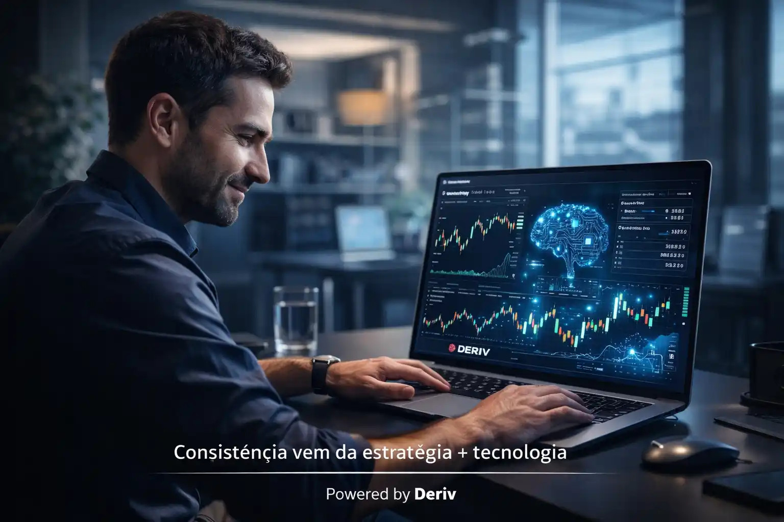 Trader analisando resultados positivos com robô de IA