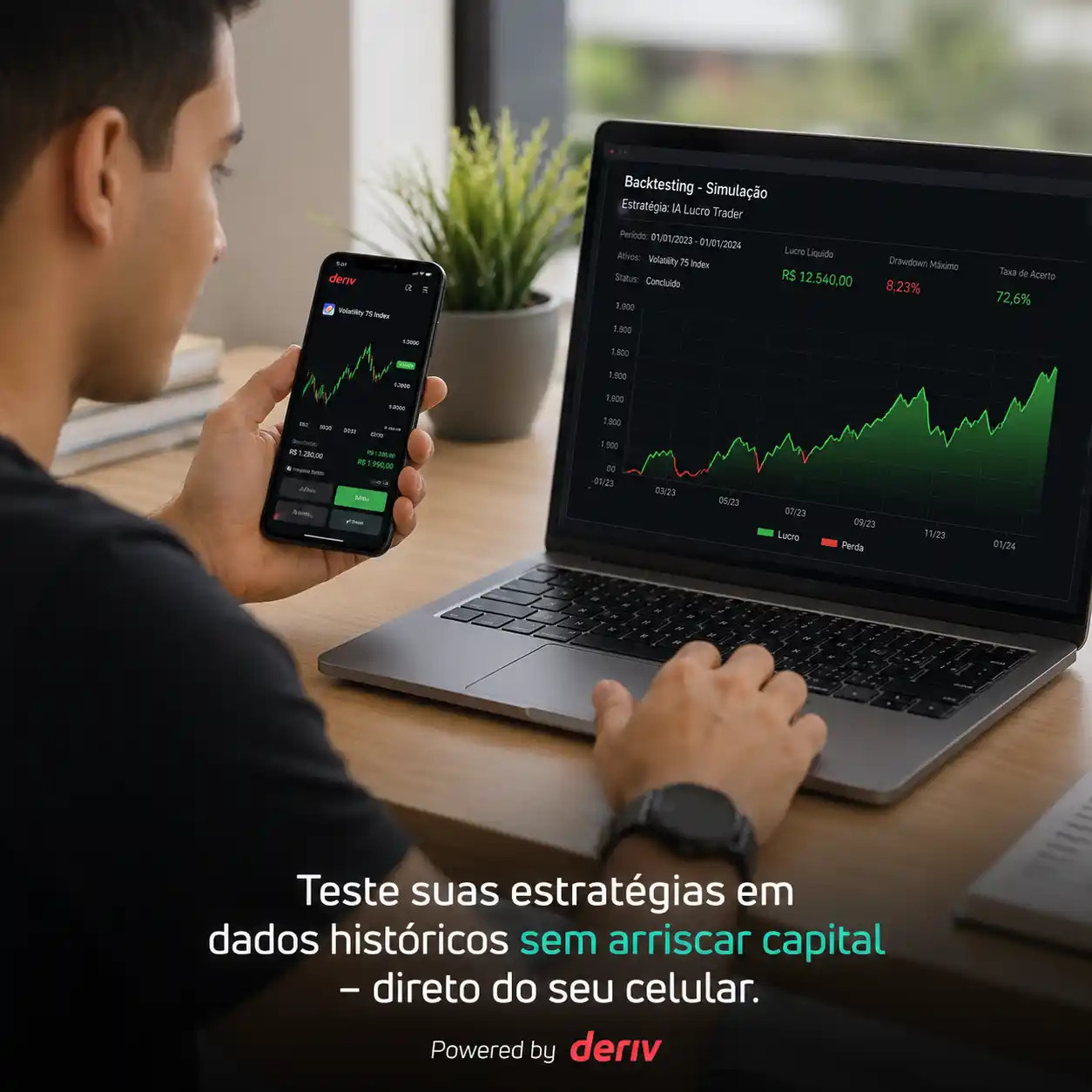 Backtesting de IA sendo executado no robô de trading Deriv da Lucro Trader em smartphone e notebook