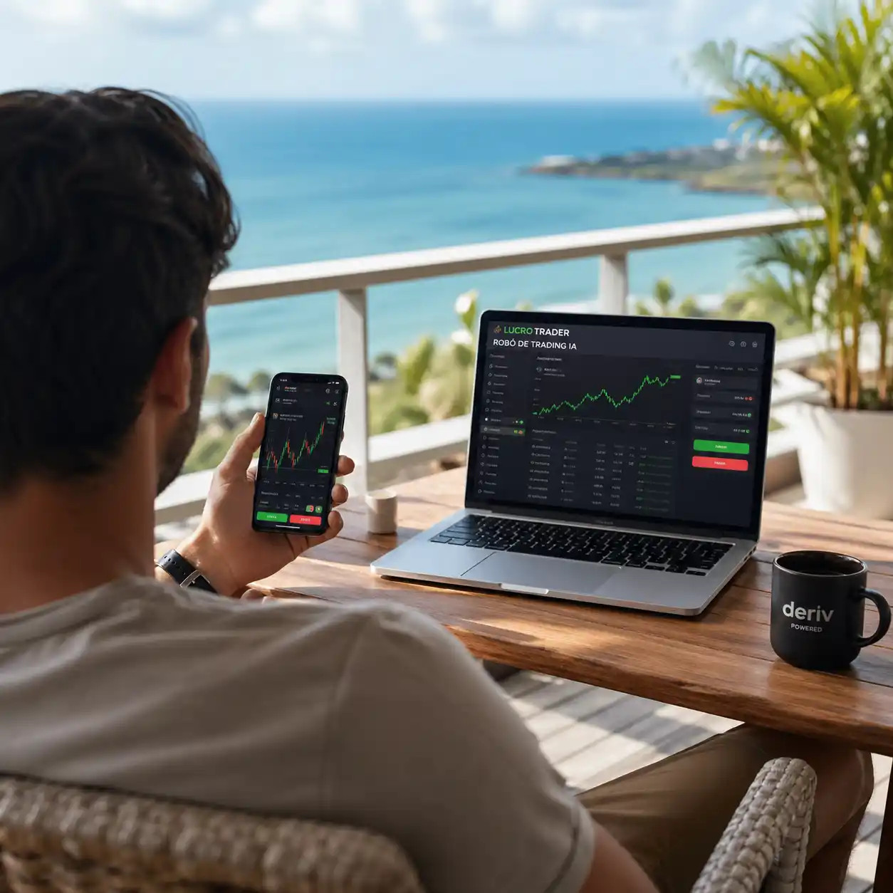 Trader automatizado usando celular e computador com robô de trading IA da Lucro Trader