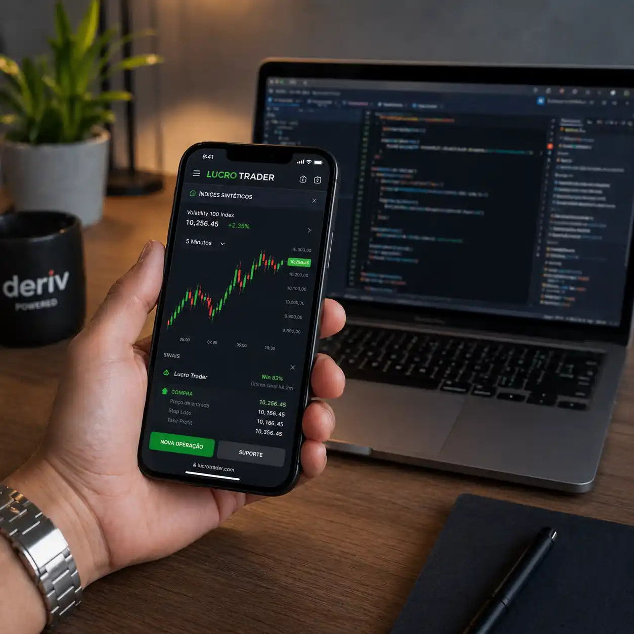 Robô de trading Deriv rodando em celular e computador simultaneamente