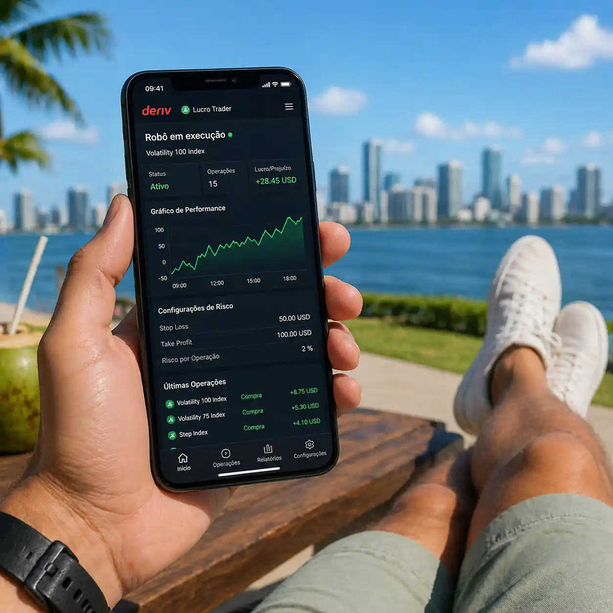 Operando com robô de trading Deriv pelo celular de qualquer lugar