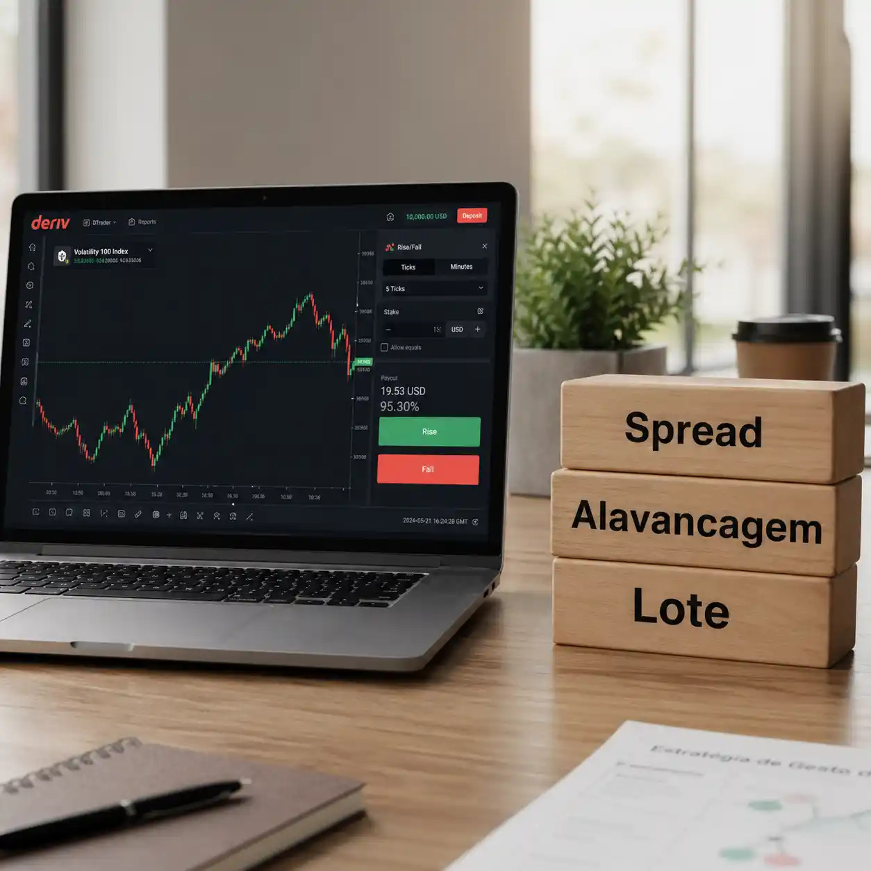 Explicação de spread, alavancagem e lote no trading com Deriv