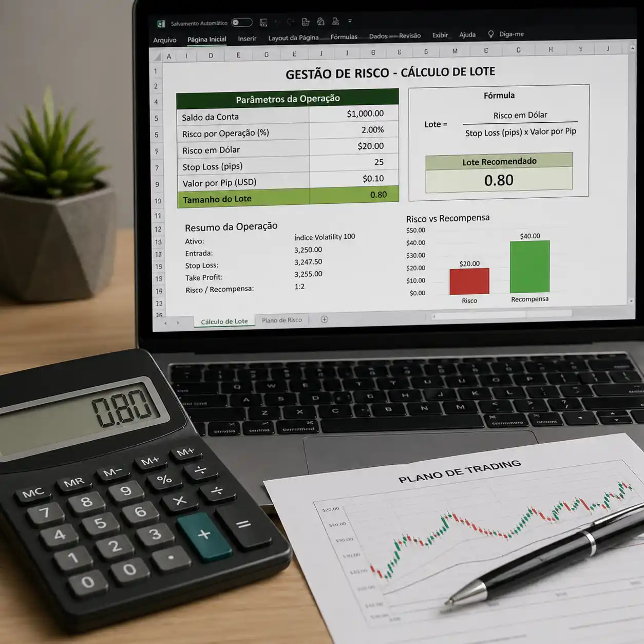 Cálculo de lote e gestão de risco no trading com robô Deriv da Lucro Trader