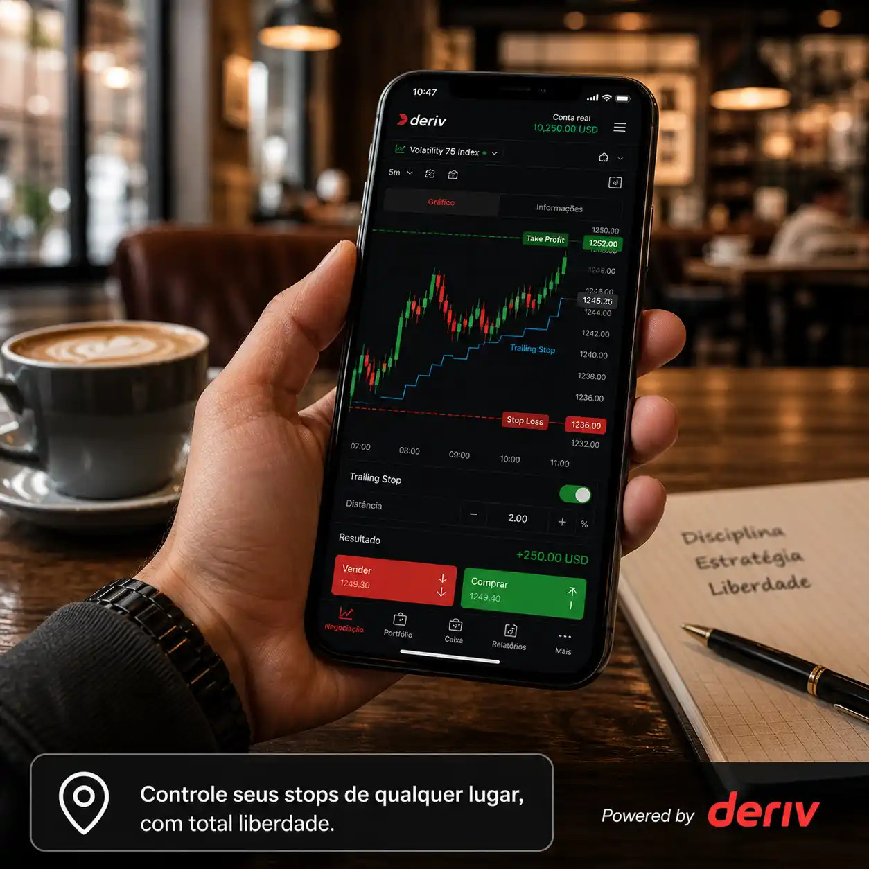 Trailing stop configurado pelo celular na plataforma Deriv