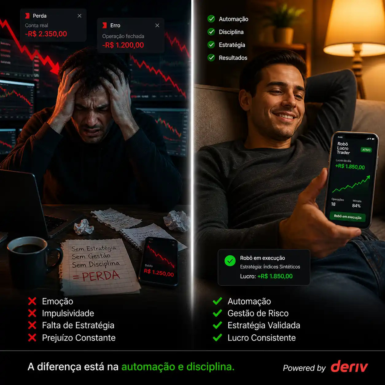 Comparação entre trader manual perdedor e trader automatizado com robô Deriv da Lucro Trader