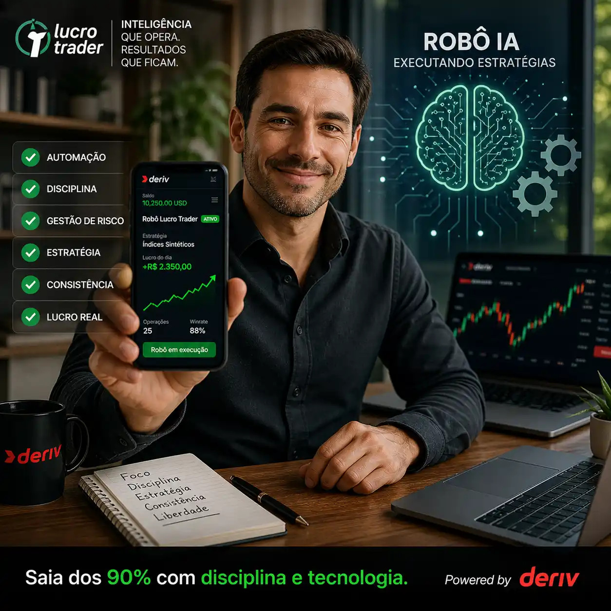 Trader consistente usando automação e robô de trading Deriv da Lucro Trader