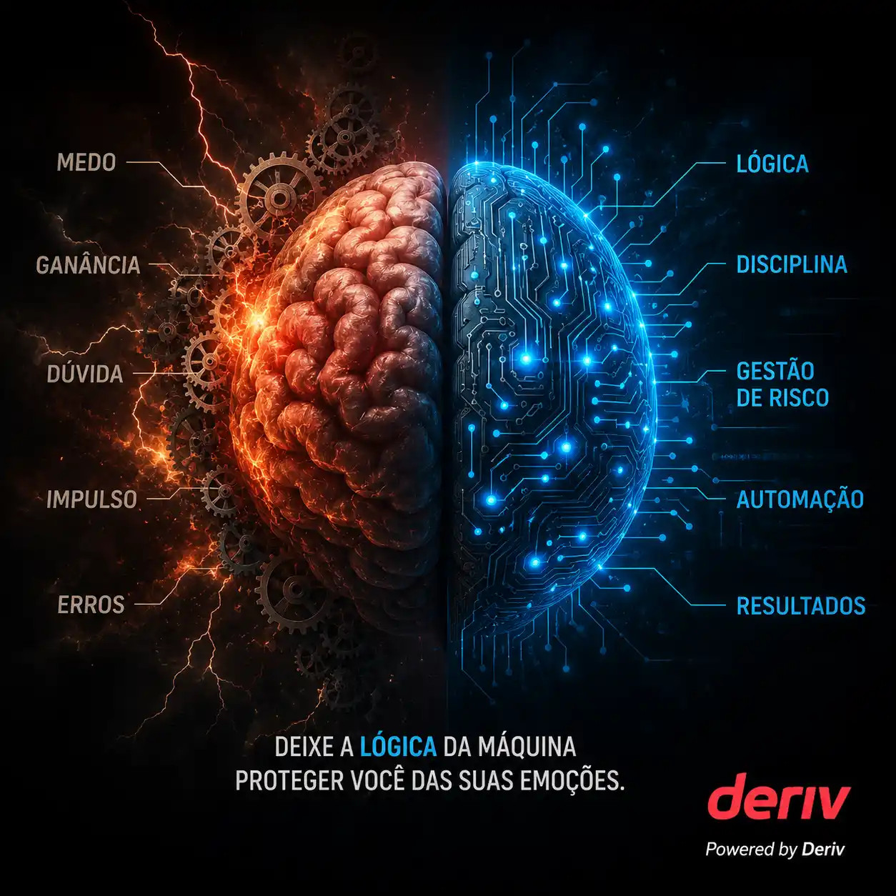 Robô de trading Deriv substituindo decisões emocionais do cérebro humano