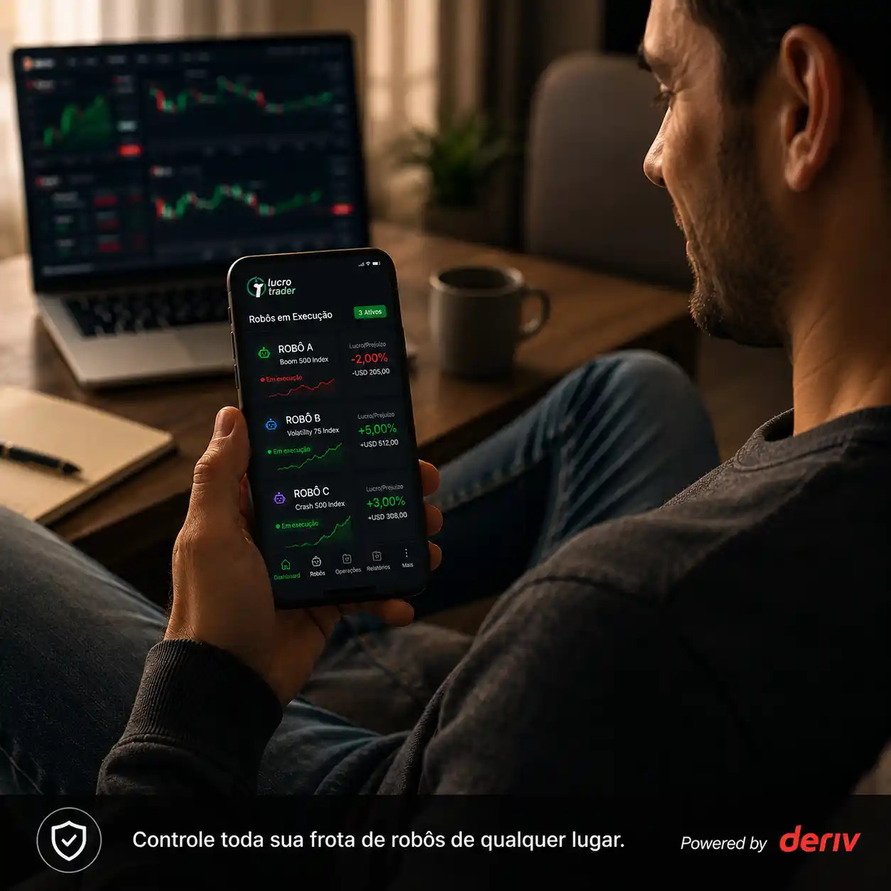 Trader gerenciando múltiplos robôs pelo celular com Lucro Trader