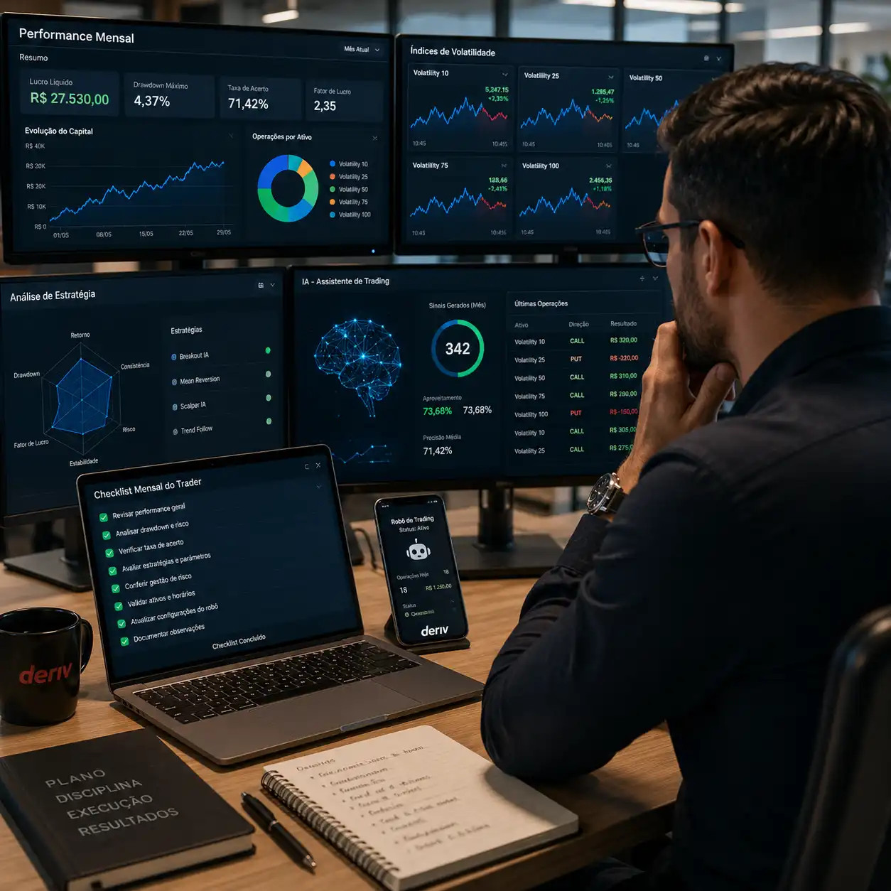 Trader realizando checklist mensal dos robôs de trading.
