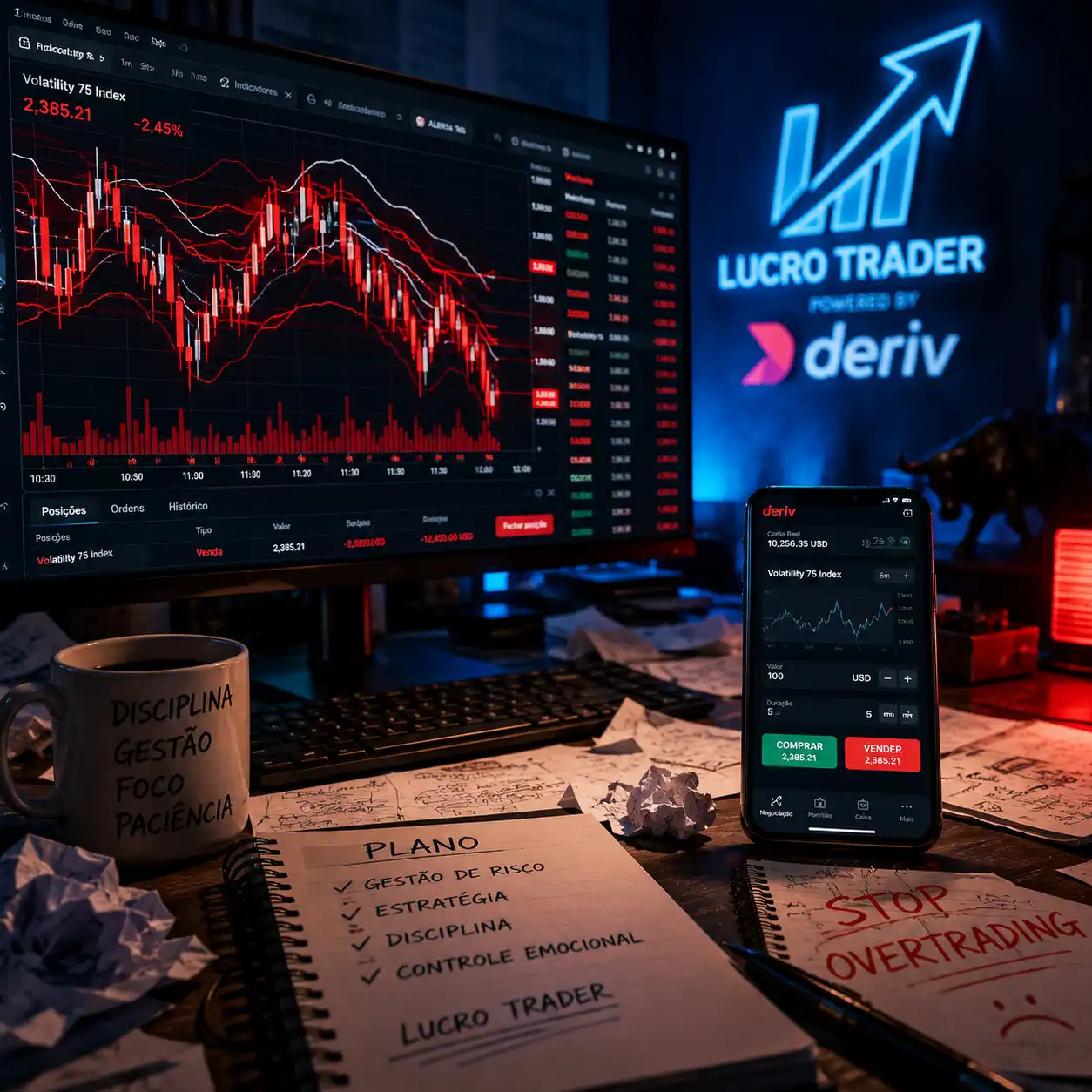 Trader em frente ao computador com gráficos caóticos, simbolizando overtrading e decisões emocionais no mercado financeiro. Smartphone com app da Deriv e logo da Lucro Trader ao fundo.