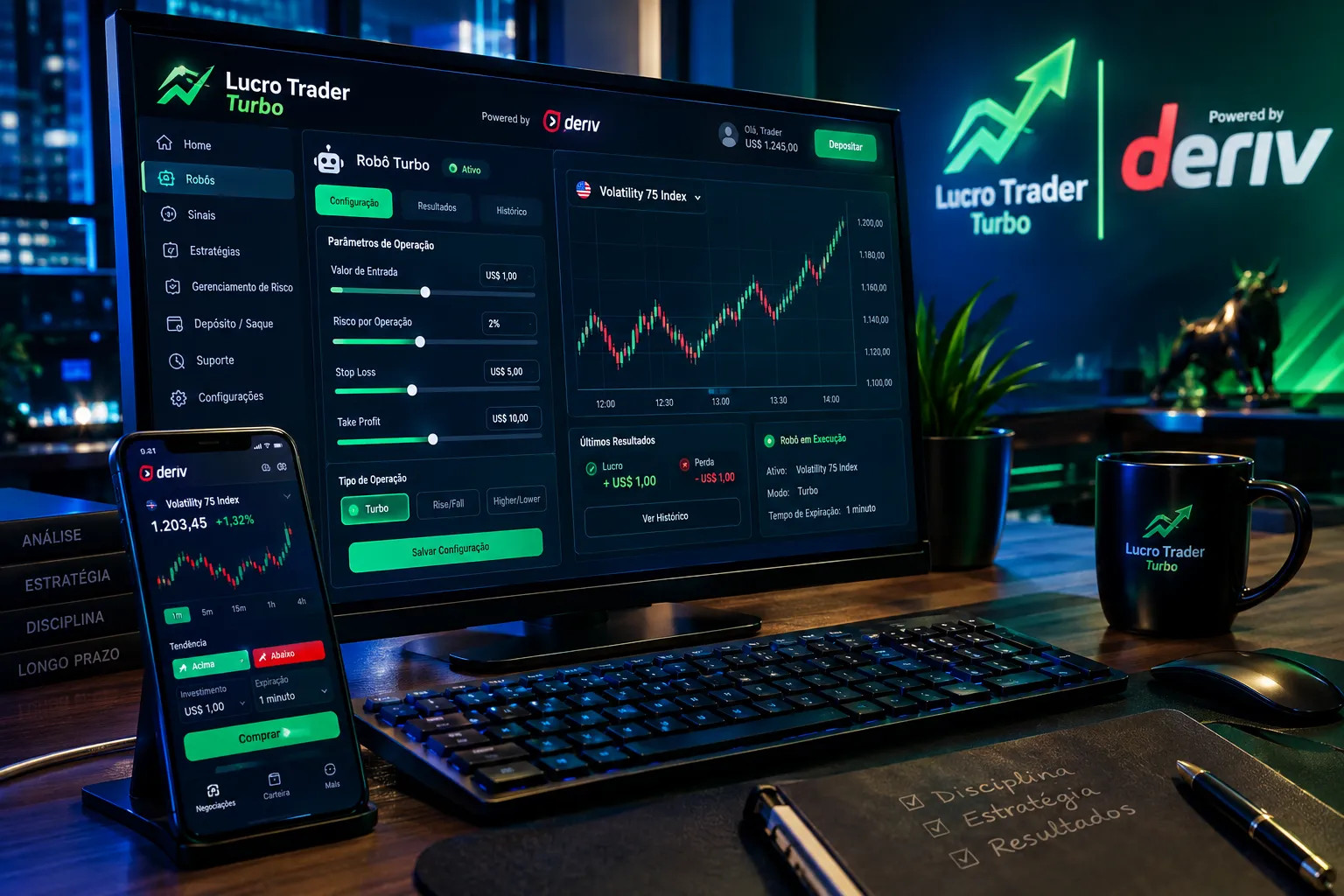 Painel de configuração do Robô Lucro Trader Turbo na plataforma, com parâmetros de risco e gráfico de índice sintético da Deriv. Smartphone ao lado exibindo o app.